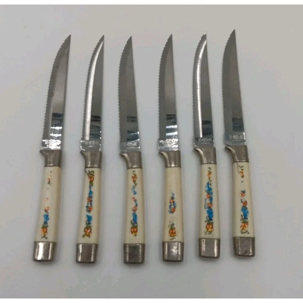 6 VTG Steak Knives Plastic Handle‎ Blue Bird Orange Stainless